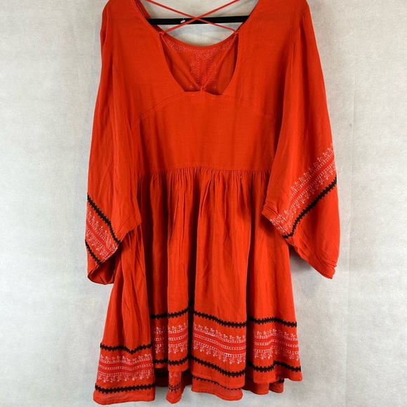 Hummingbird boho dress orange embroiled oversized size small ballon sleeve - Picture 6 of 7